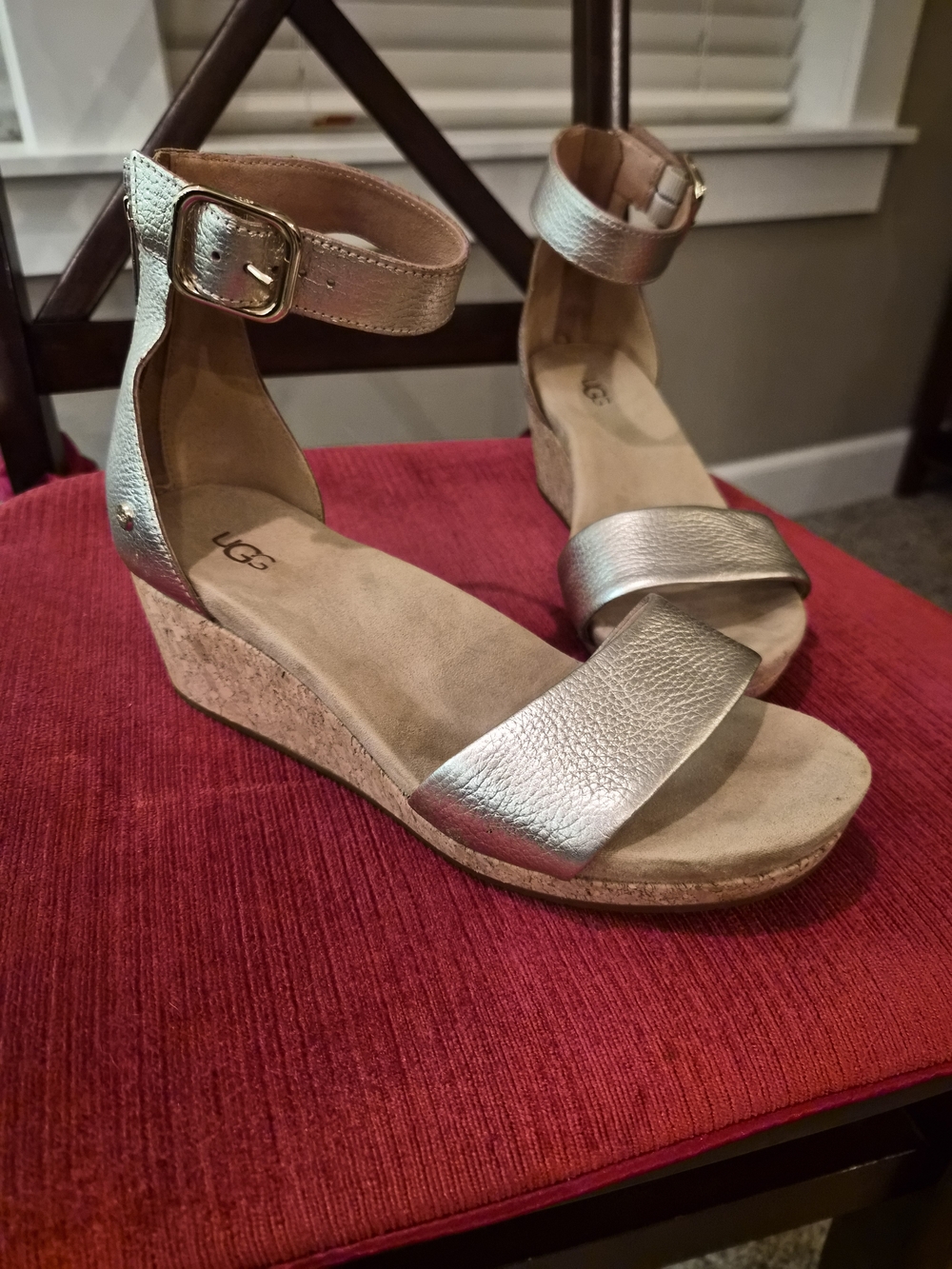UGG Metallic Pale Gold Cork Wedge Sandals with Ankle Strap